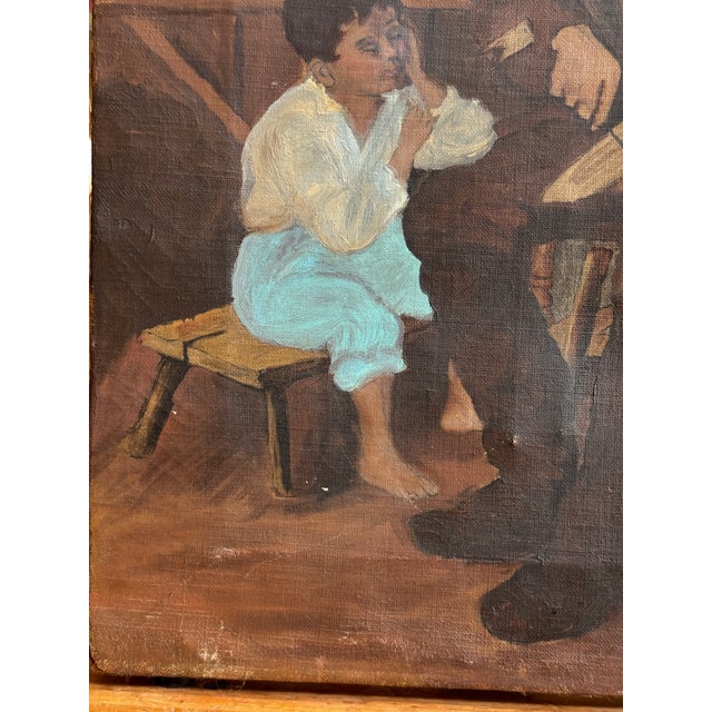 Antique European Genre Oil Painting of Man and Child in Workshop - Unsigned For Sale - Image 11 of 11