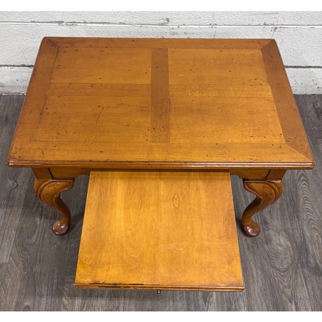 Vintage Queen Anne Style Parquet Style Top Carved Coffee Table W/ Pull Out Tray For Sale In Kansas City - Image 6 of 12