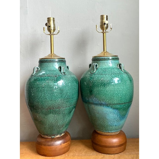 Vintage Green Glazed Ceramic Table Lamps - Pair For Sale - Image 9 of 12