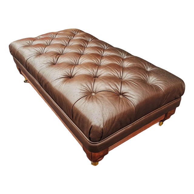 Vintage Ethan Allen English Chesterfield Leather Ottoman For Sale