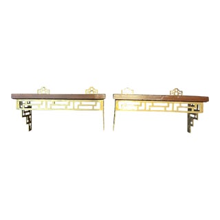 Vintage Brass and Wood Chinoiserie Shelves- a Pair For Sale
