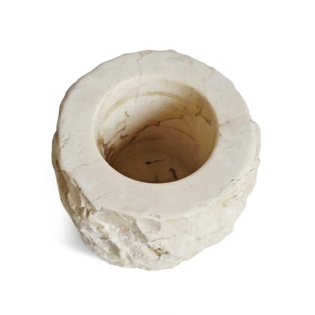 Contemporary Vintage Chiseled Travertine Container Small For Sale - Image 3 of 6