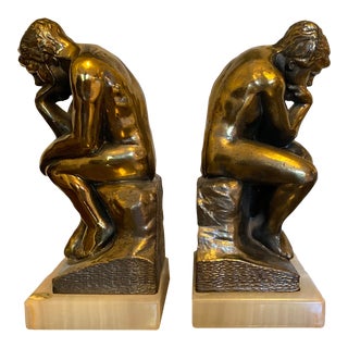 Early 20th Century “The Thinker” Brass Bookends With Marble Base After Rodin - a Pair For Sale
