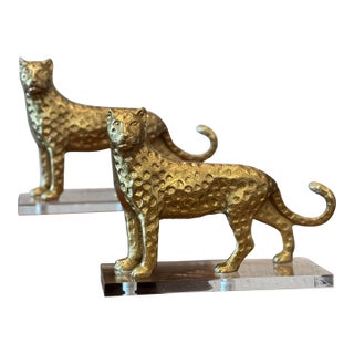 Brass Cheetah Sculptures on Lucite Bases For Sale