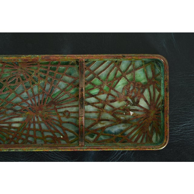 Metal Tiffany Studios New York Pine Needle Bronze and Favrile Slag Glass Pen Tray For Sale - Image 7 of 12