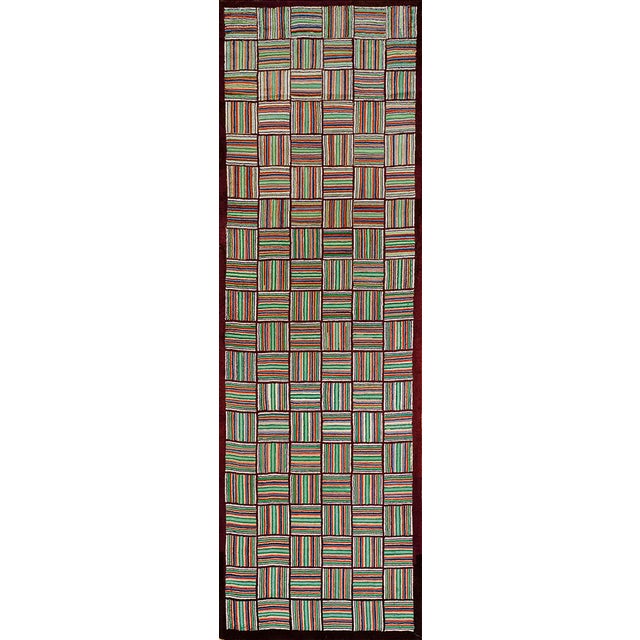 1930s Multicolor Checkerboard Folk Art Antique American Hooked Rug 3'2" X 10' 4" Carpet For Sale - Image 14 of 14