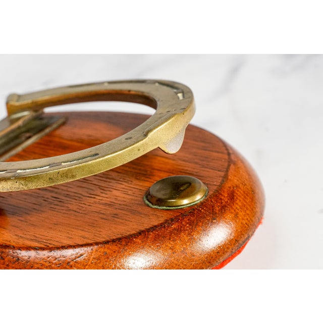 Late 19th Century Lovely English Victorian Antique Brass Desk Clip Equestrian Horseshoe Wood Shield For Sale - Image 5 of 10