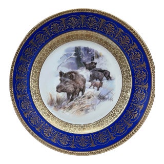 1918 Schumann Bavaria Hand-Painted Porcelain Cabinet Plate, Wild Boar Scene. For Sale