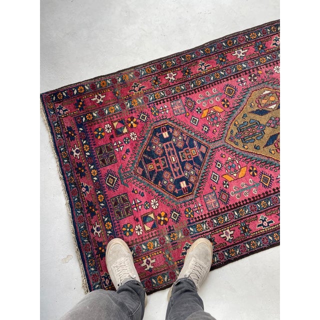 Persian Antique Heriz Runner in Pink, Peacock Teal, Cantaloup, & Dirty Olive Rug 3.3 x 14 For Sale - Image 3 of 14