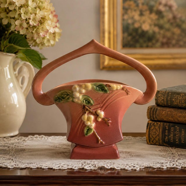 Ceramic Vintage Roseville Snowberry Pink Pottery Basket 1bk-7, Circa 1947 For Sale - Image 7 of 7
