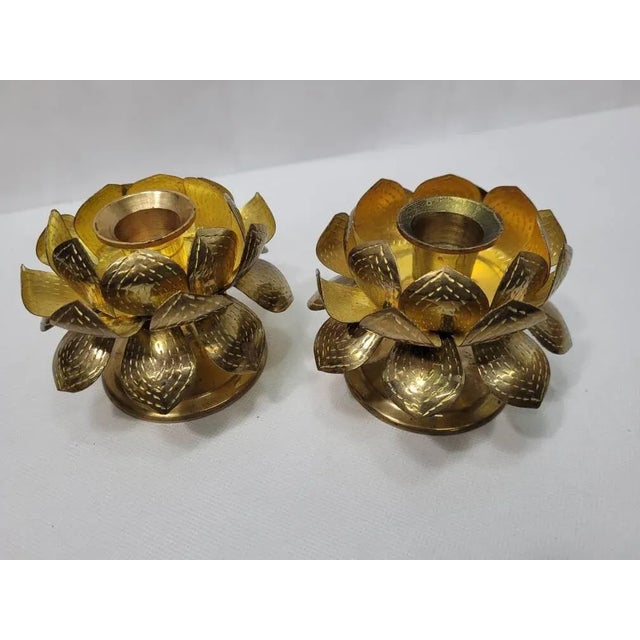 Metal Mid Century Lotus Brass Candle Holders - a Pair For Sale - Image 7 of 11