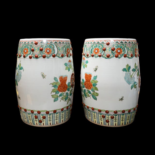 Vintage Chinese Jiangdezhen Porcelain Mirror Image Set of Two (2) Famille Verte Garden Seats The design on these garden...