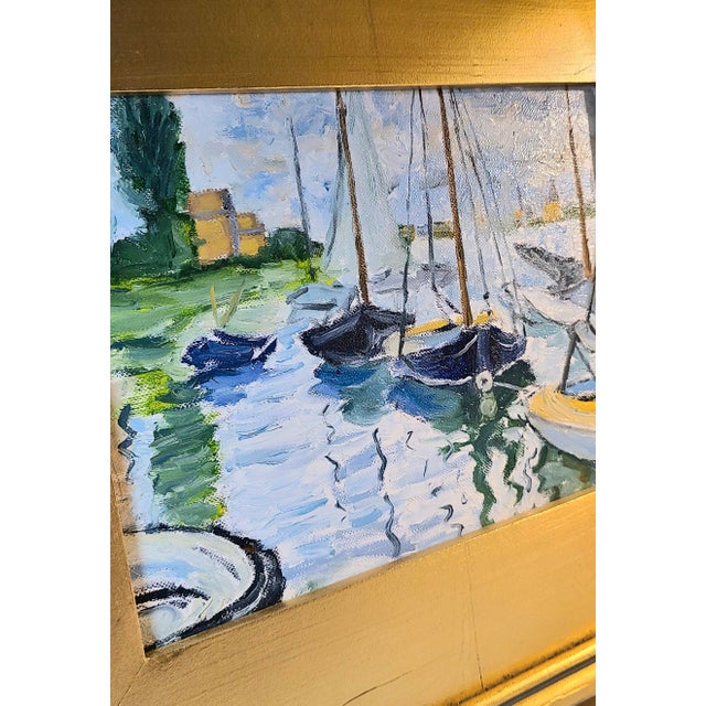 Impressionist Framed Original Painting ‘Sailboats on the Seine’ For Sale - Image 3 of 8
