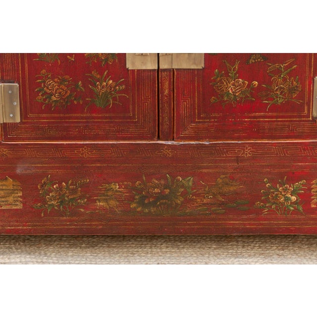 Red Beautifully Painted Chinese Floral Credenza For Sale - Image 8 of 12