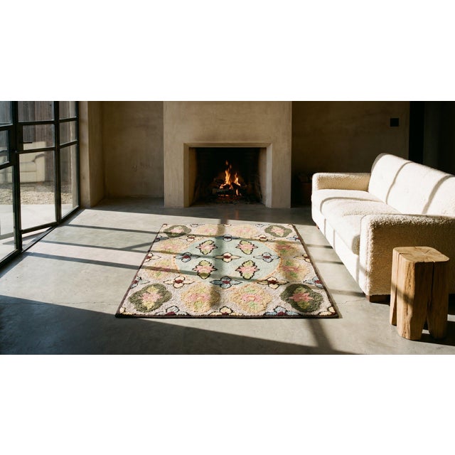 Beige Wonderful Tan Beige Color With Flowery and Oval Patters Desing Antique American Hooked Rug For Sale - Image 8 of 9