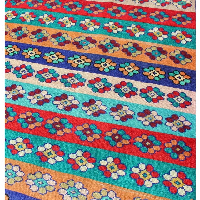 Mid 20th Century Mid-Century Modern Turkish Rug With Multicolored Stripes and Flower Designs For Sale - Image 5 of 12