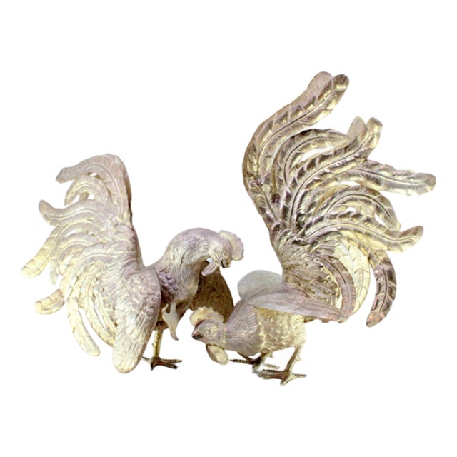 Fighting Cocks in Silver with Reliefs and Applications, Set of 2 For Sale