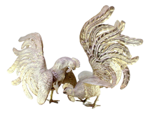 Fighting Cocks in Silver with Reliefs and Applications, Set of 2