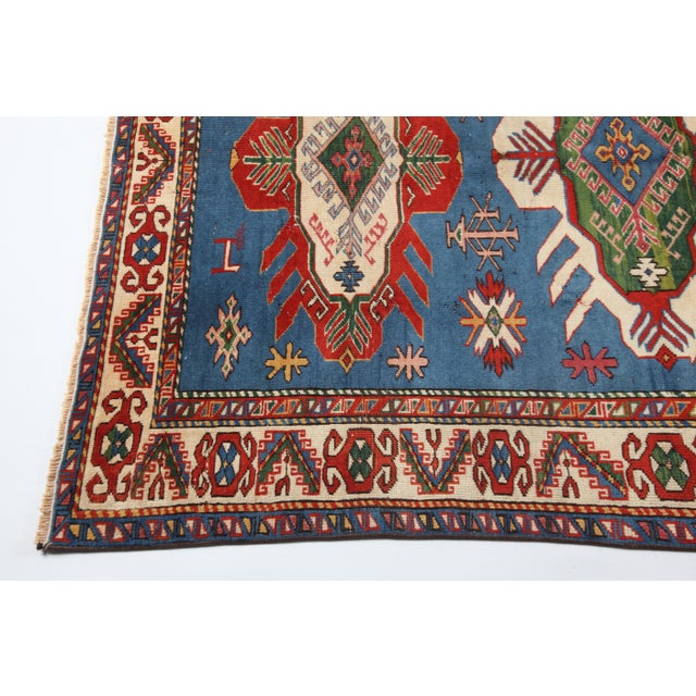 Late 20th Century Modern Geometric Wool Rug With Vibrant Blue Field & Bold Tribal Motifs -4' 5'' X 6' 4'' For Sale - Image 9 of 11