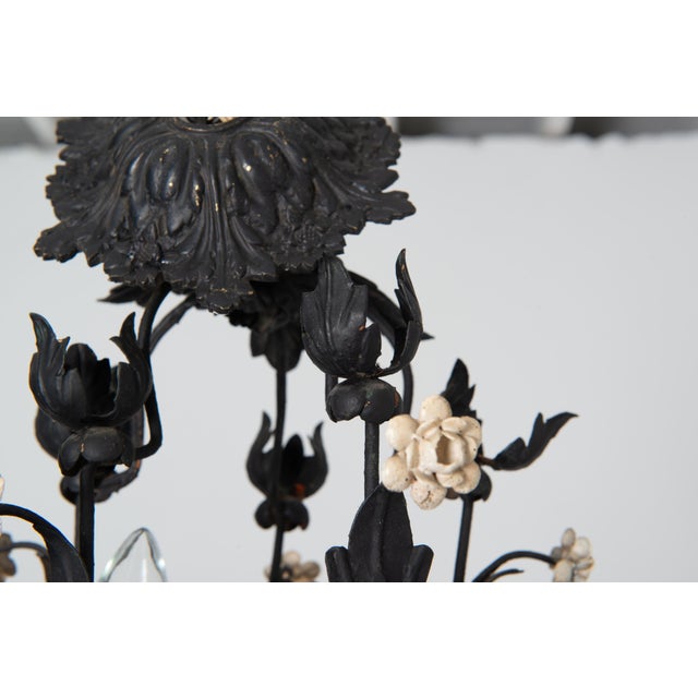 Hollywood Regency 1950s Hollywood Regency Style Italian Black Metal Floral Chandeliers - a Pair For Sale - Image 3 of 18