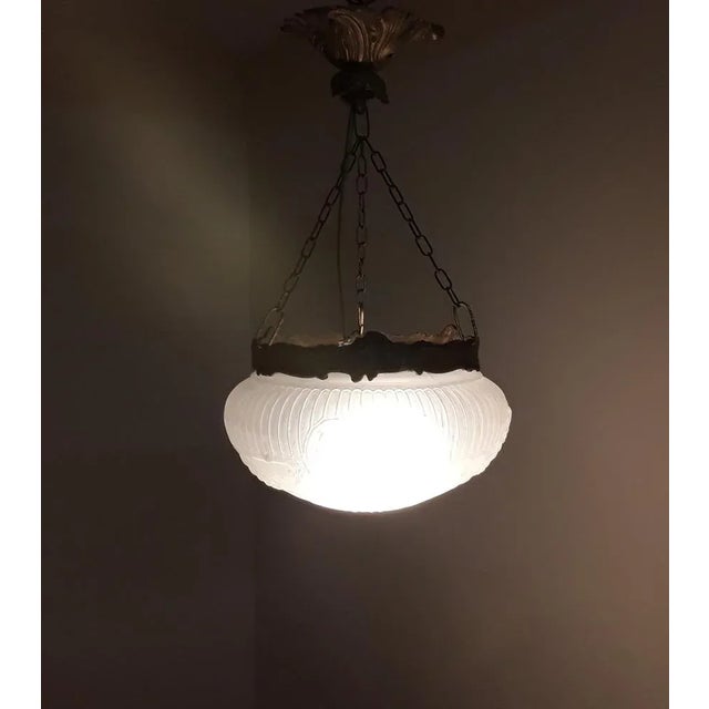 Metal German Bronze and Brass Ceiling Lamp with Matt Glass Shade, 1910s For Sale - Image 7 of 7