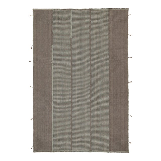Rug & Kilim’s Contemporary Kilim in Gray and Blue Stripes With Brown Accents For Sale