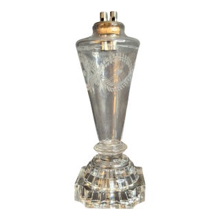 Rare Antique 1840 Eapg Flint Glass Whale Oil Lamp | Wheel-Etched Font & Starburst Base For Sale