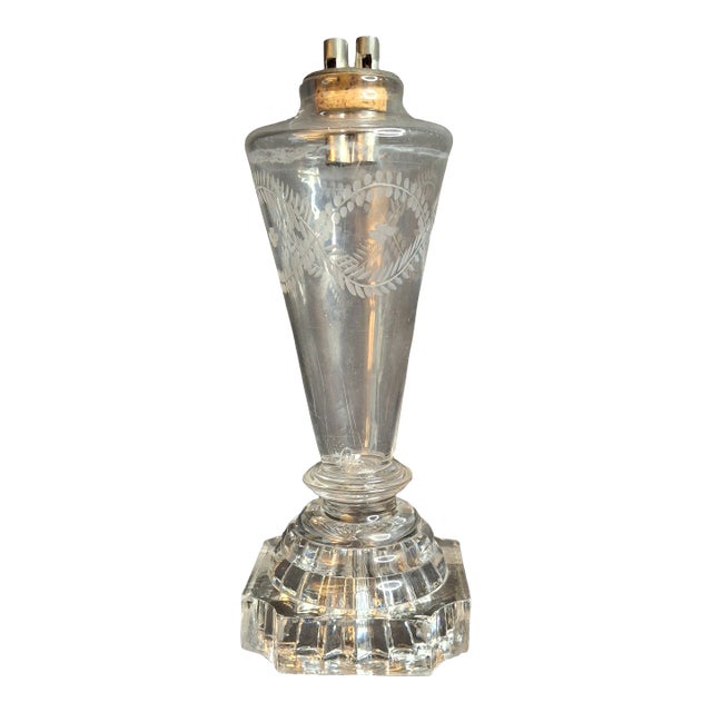 Rare Antique 1840 Eapg Flint Glass Whale Oil Lamp | Wheel-Etched Font & Starburst Base For Sale