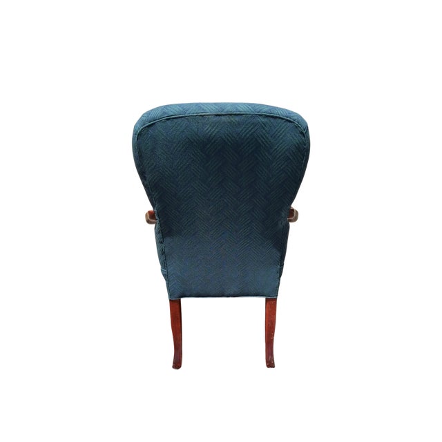 1970s Blue Upholstered Mahogany Queen Anne Style Arm Chair For Sale - Image 4 of 4