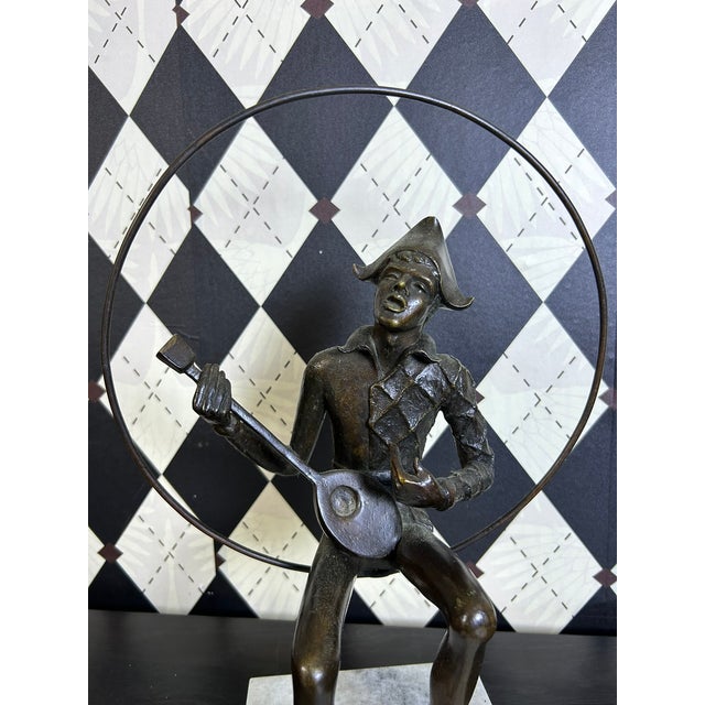 Signed Gustavo Gutierrez Bronze Harlequin Musician Sculpture on Marble Base, Edition 7/10 For Sale - Image 9 of 18