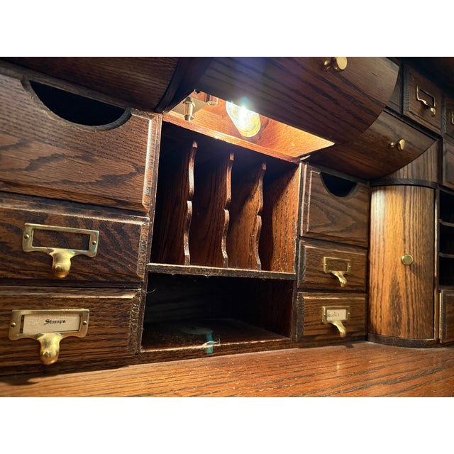 Late 20th Century Oak Rolltop Desk (Oak Crest) With Oak Chair For Sale - Image 13 of 18