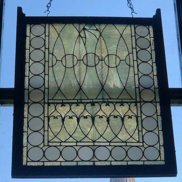 Wood American Tiffany Studios Stained, Leaded Opalescent Glass Pine Frame Sash Window For Sale - Image 7 of 12