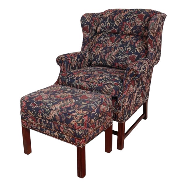 Bradington Young Georgian Style Wingback Chair and Ottoman For Sale