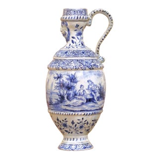 19th Century French Blue and White Faience Ewer With Courting Scene For Sale