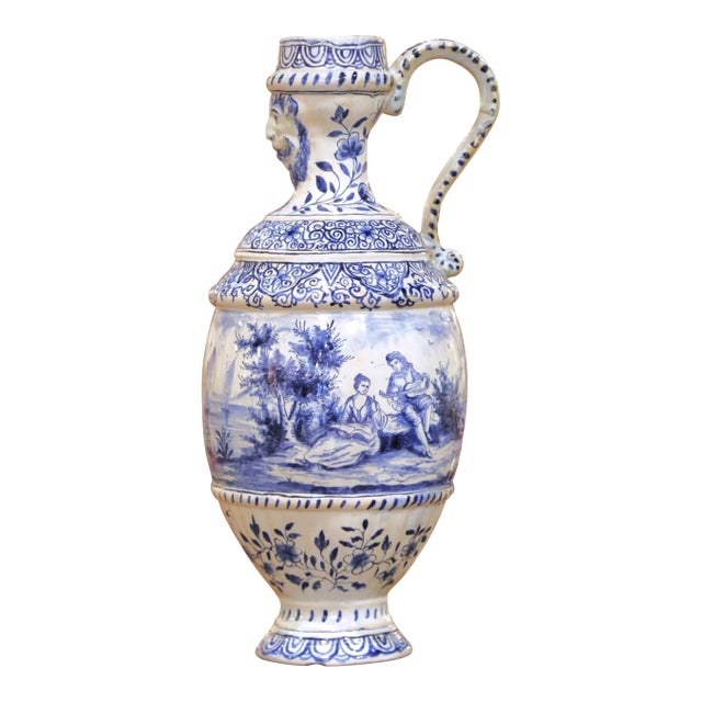 19th Century French Blue and White Faience Ewer With Courting Scene For Sale