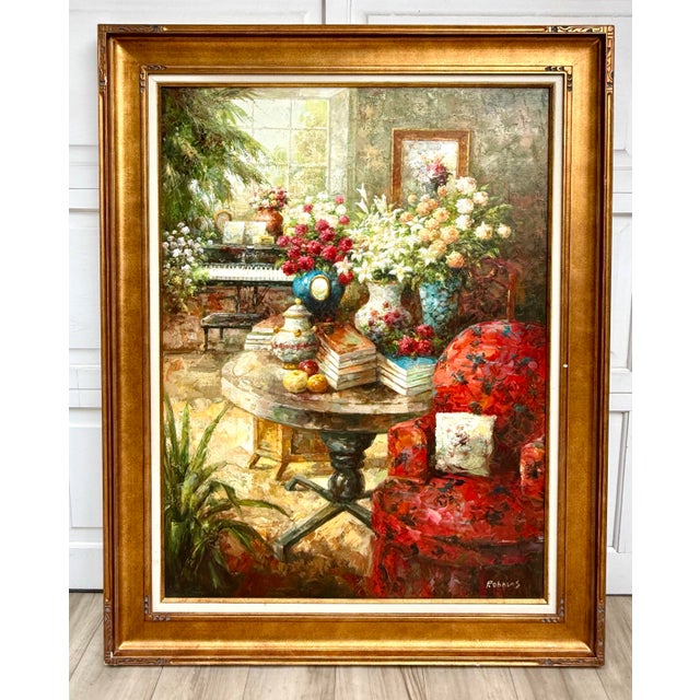Late 20th C. Large Original Impressionist Interior Still-Life Oil Painting Signed Robbins For Sale - Image 12 of 12