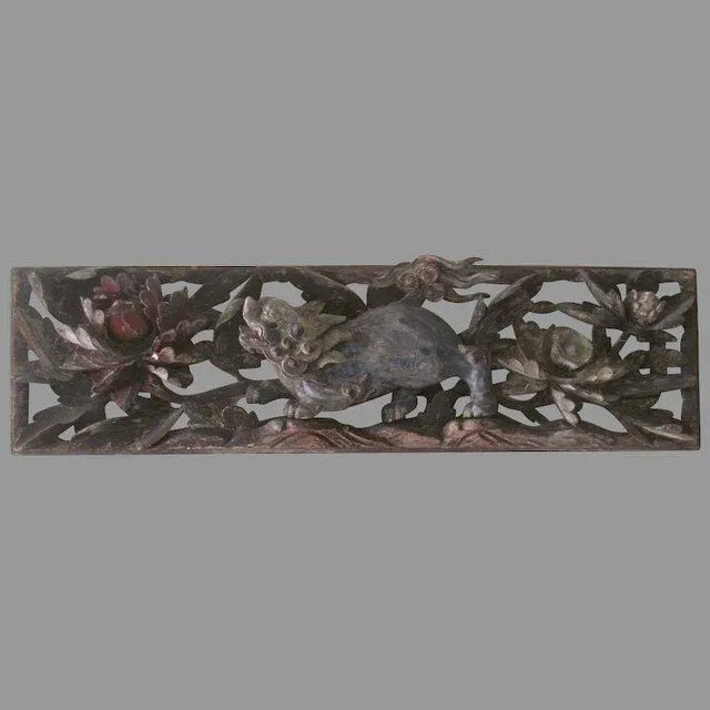 Large wonderful Asian carving with lotus center Foo Dog. Great relief polychrome. 19th century 72" by 18" "1571"