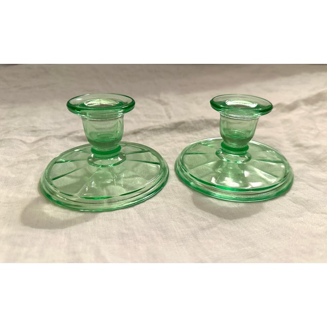 Vintage Pair of Light Green Depression Glass Pillar Holders For Sale - Image 4 of 4
