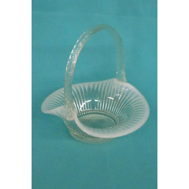 Fenton Twisted Handle Ribbed Opalescent White Glass Brides Basket Vase For Sale - Image 11 of 11