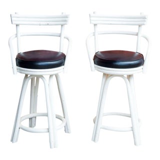 Kalp-Son Rattan Co. Mid-Century Modern White Bentwood and Leather Bar Stools - a Pair For Sale