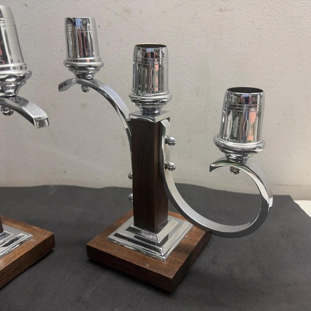 Art Deco A Pair of 1940s Art Deco Fruit Wood and Chromed Metal French Candelabras For Sale - Image 3 of 10
