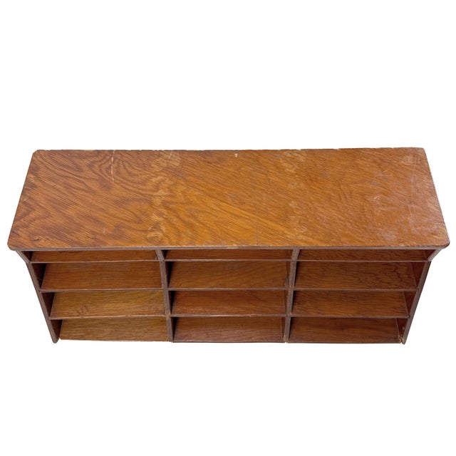 Vintage 1950s Large Modernist Wooden Desktop Cubby W/ Angled Slotted Compartments - Handmade Office Storage Organizer For Sale - Image 9 of 12