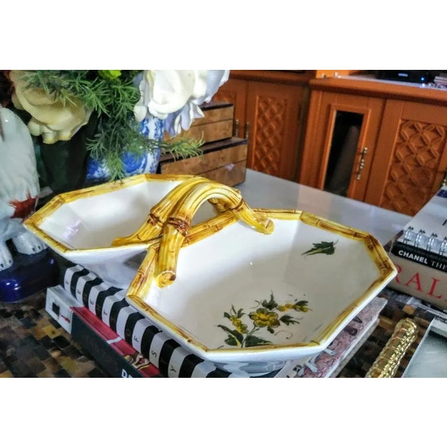 Italian Double Deep Ceramic Faux Bamboo Bowl Server For Sale - Image 4 of 5