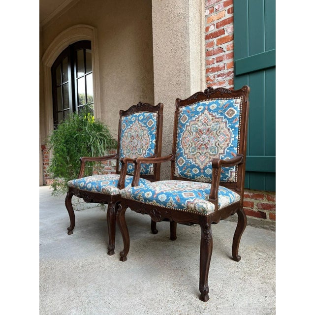 Pair Antique French Dining Arm Chairs Louis XV Carved Oak Blue Persian Textile For Sale - Image 14 of 18