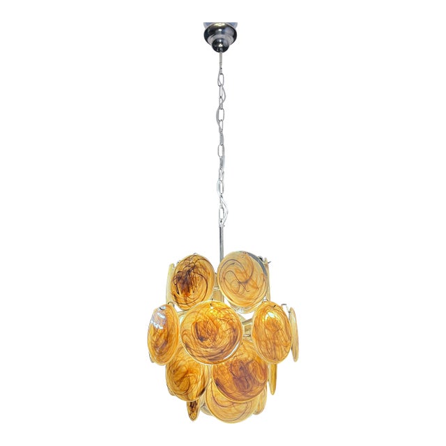 Contemporary Italian Vistosi Murano Style Chandelier – Amber & Black Alabaster Glass Discs, 24 Handcrafted Elements For Sale