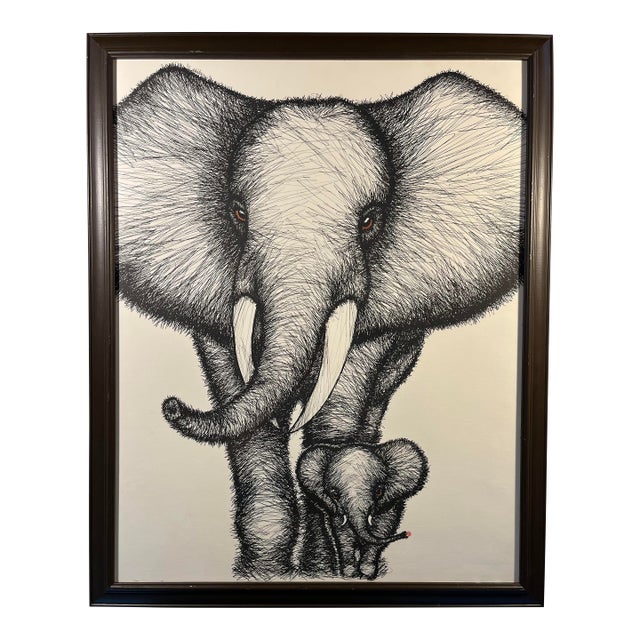 1972 Vintage Framed and Signed Elephant Family Print by Rabindra Danks For Sale