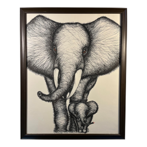 1972 Vintage Framed and Signed Elephant Family Print by Rabindra Danks