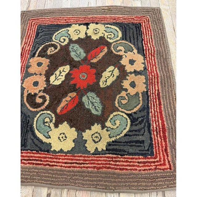 American 1880s Small Traditional Brown Leaves Folk Art Antique American Wool Hooked Rug For Sale - Image 3 of 7