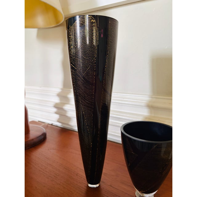Pair of 1970s Theresienthal Black and Gold Art Glass Vases, Attributed For Sale - Image 4 of 14