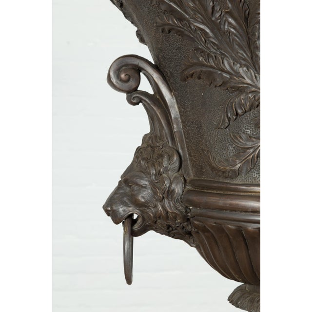 Tall Custom Made Cast Bronze Urn on Pedestal with Lion Head Handles For Sale - Image 9 of 13